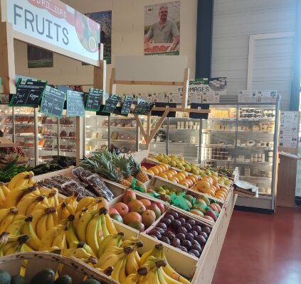Etals de fruits magasin Terres Lyonnaises Saint-André-de-Corcy