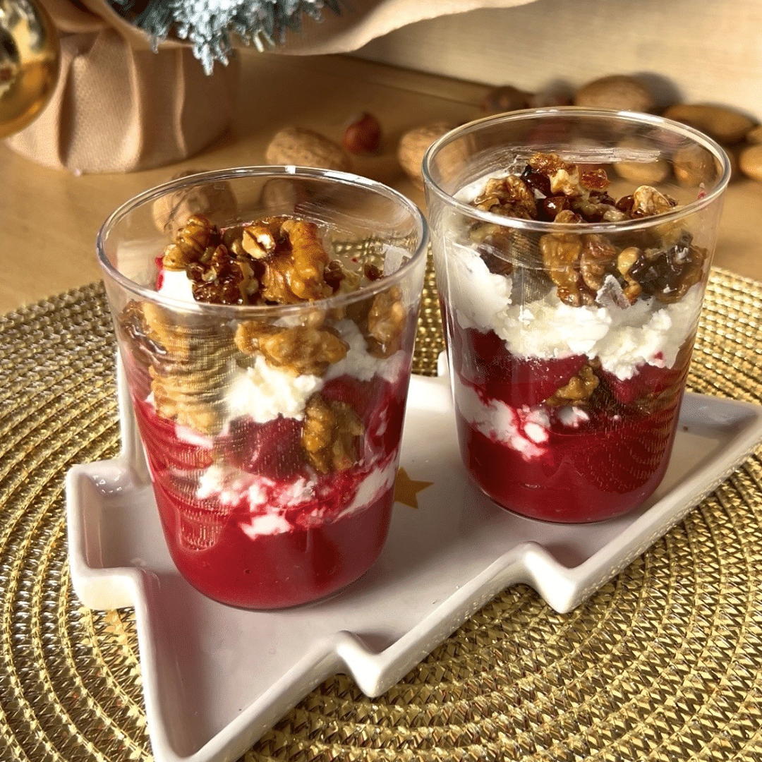 Verrine betterave, chèvre frais, noix Noël